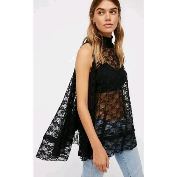 FREE PEOPLE ShirMyrna Black Sheer Lace Tunic Top Blouse Boho High Smocked Collar - Picture 4 of 11